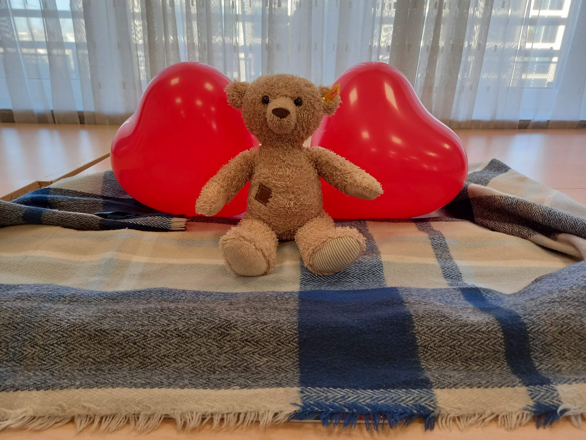 Ein Plüschbär sitzt auf einer Decke zwischen zwei roten Herzluftballons vor einem Fenster.